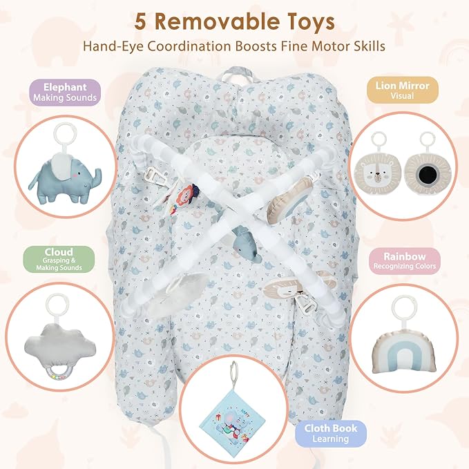 7-in-1 Baby Play Mat & Activity Gym, 0-12 Months Multi-Use Play Center with 5 Hanging Sensory Toys, Early Skill Building, Elephant