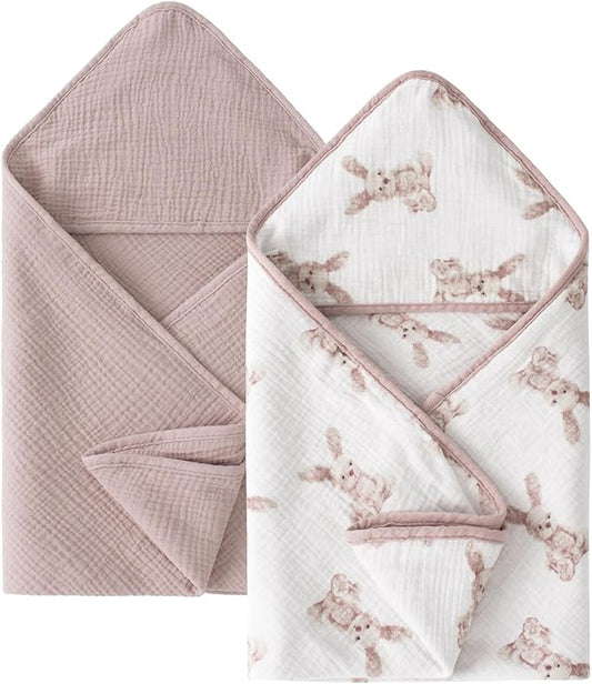 Little Jump Muslin Hooded Baby Bath Towels - 2 Pack 100% Cotton Towel for Babies, Infants, Toddlers - 32x32Inch - Highly Absorbent and Newborn Essential (Bunny)