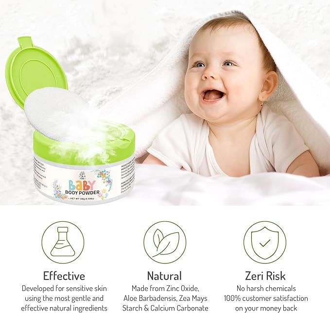 Baby Body Powder with Puff, Natural Cornstarch-Based Talc-Free Dusting Powder with Zinc Oxide & Aloe, Gentle Soothing Absorption & Chafe Protection, Newborn to Toddler, Family-Friendly Care, 5oz-2pack