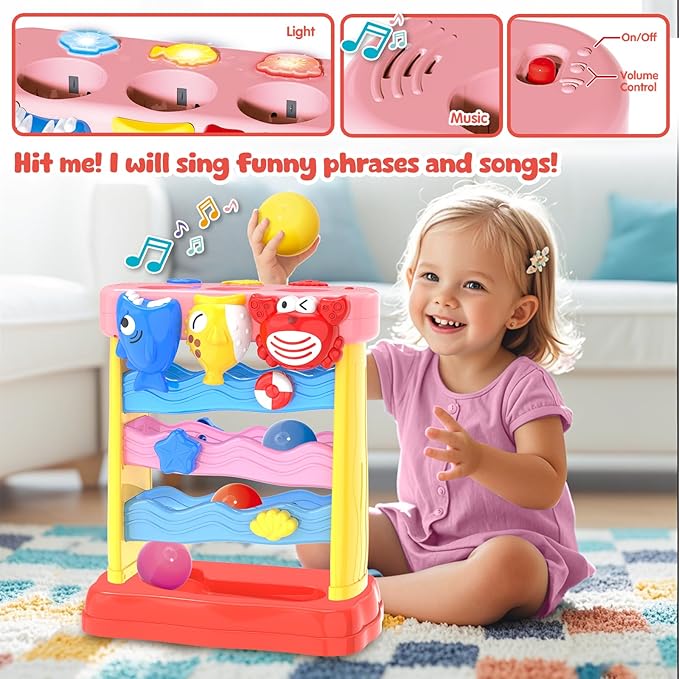 AuroTops Pound A Ball Toys for 1 2 3 Years Old Girls, Toddler Musical Montessori Toy for 6-12-18-24 Months, Interactive Toys with Light & Sound,Christmas Birthday Gifts for Baby Age 1-2 Years Old