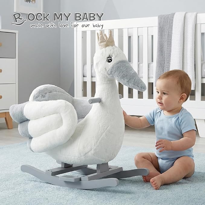 Rock My Baby Rocking Horse, Rocking Horse for Toddlers 1-3, Plush Rocking Horse with Seat, Wooden Gray Stork Ride-On Toy, (Gray Stork Bird), CPC Certified
