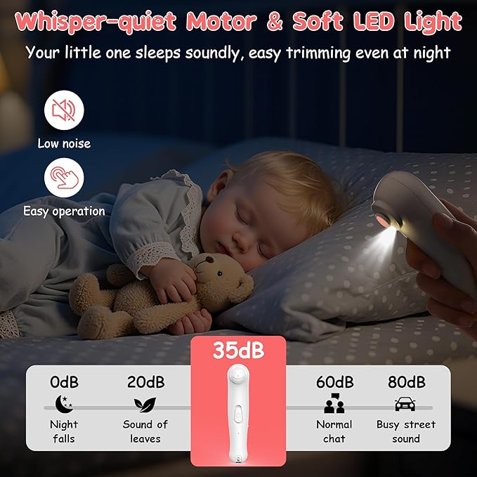 Baby Electric Nail Trimmer Baby Nail Clippers, Safe Nail Filer Grinder Kit for Newborn Infant Toddler Kids or Adults Toenails Fingernails Care Trim Polish, with Led Light and 6 Grinding Heads