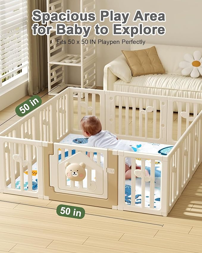 TINYHARBO Premium Foam Baby Play Mat 50x50 – Removable & Machine Washable Cover, Extra Thick Padding Playpen Mat, Non-Slip Crawling Mat, Easy to Clean for Infants, Toddlers & Babies