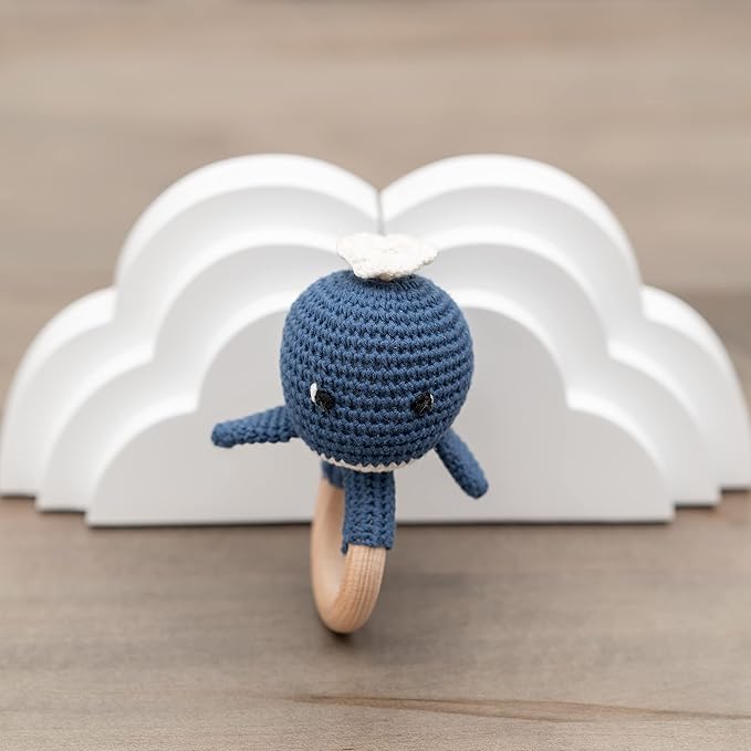Handmade Cotton Crochet Amigurumi Rattle - Educational Baby Stuff for New Moms, Stuffed Animals for Infants, Baby Boy Stuff - Blue Whale with Wooden Handle - Perfect for Newborns and Toddlers