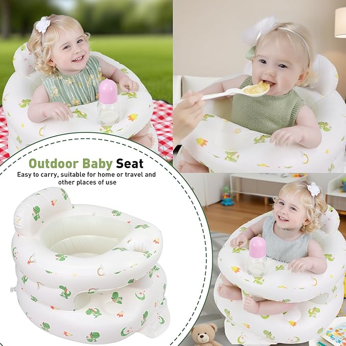Inflatable Baby Seat for 3-36 Months Babies, Blow up Baby Chair with Built-in Air Pump, PVC Material, Full Enclosure Protection, Outdoor Travel Inflatable Chair for Infant, Green Dinosaur
