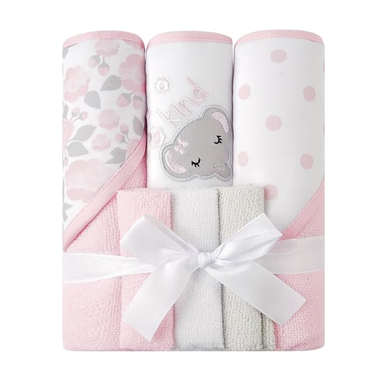 Viviland Baby Towels and Baby Wash Cloths Set Hooded Baby Towels Baby Wipes Absorbent Bath Face Towels Burp Cloths or Face Towels for Girl Boy 6-Pack Size 28 x 28 Inch(Elephant Flower)