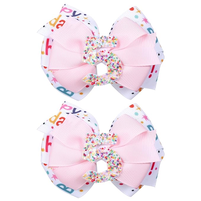2pc Happy Birthday Ribbon Hair Bow Clips Barrettes,3.5" Glitter Pink Sprinkle Alligator Hairpins for Girls Teens Toddlers Kids 5th Birthday Party Dress Accessory Gifts