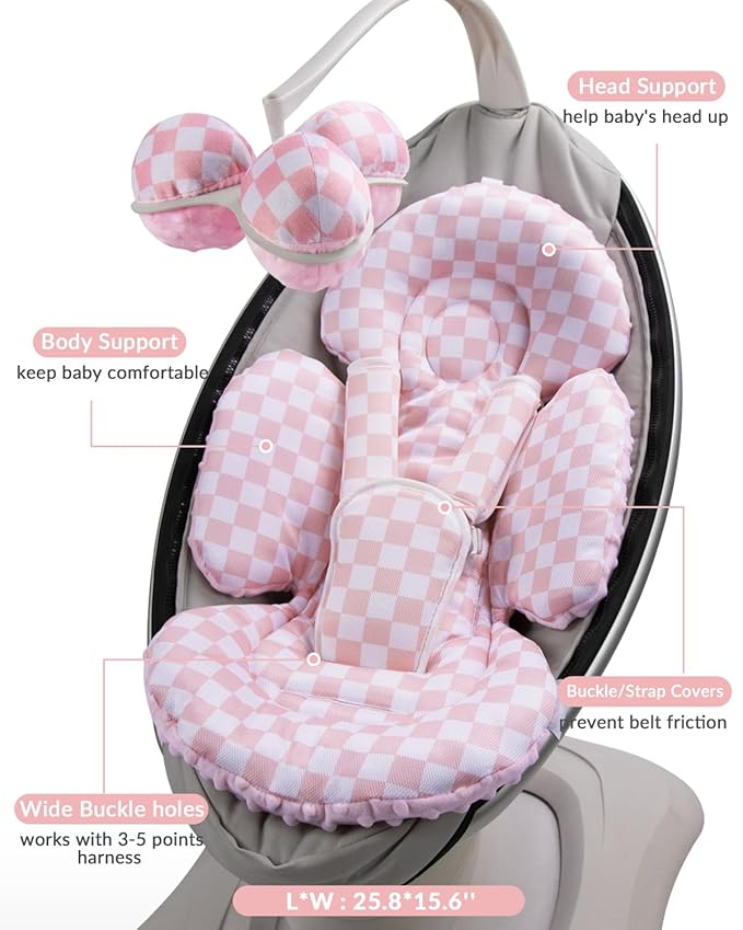 Infant Insert Compatible with 4moms Mamaroo Swing and Infant Carseat, Including 3 Replacement Balls, Reversible Newborn Insert for Baby Swing, Stroller, Bouncer, Soft Fabric - Dotted Pink