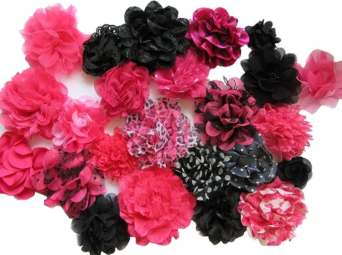 YYCRAFT 15pcs Hot Pink/Black Chiffon Lace Hair Flower for Girls Headband Baby Flowers Bows,Crafts,Party Decoration(2"-4")