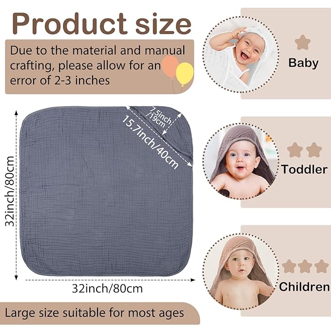 Peryiter 4 Pcs Muslin Hooded Baby Towels 32 x 32 Inch Cotton Newborn Bath Essentials Muslin Infant Blankets Absorbent Registry Gifts for Girl Boy Kids Baby Shower (White,Coffee,Blue)