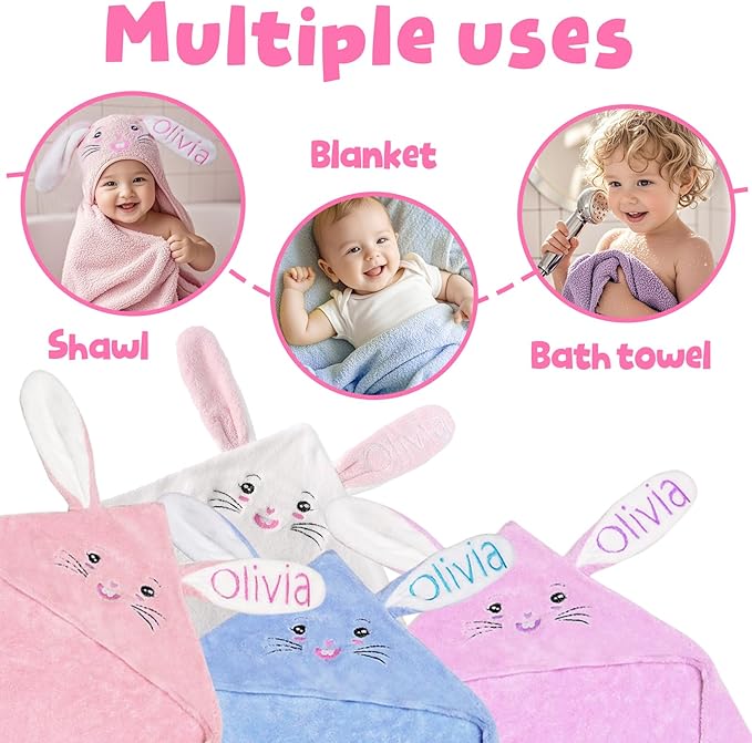 Custom Hooded Baby Towels with Name, Personalized Bunny Easter Gifts for Toddlers, Custom Baby Bath Towels for Newborn, Ultra Soft and Absorbent, Ideal for Girl Boy (Bunny)
