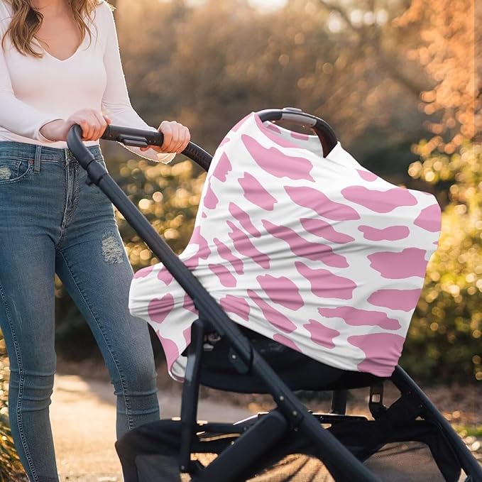Biyejit Pink Cow Print Nursing Cover, Car Seat Cover, Shopping Cart Cover & Infinity Scarf – Breathable, Multi-Use Nursing Cover Up for Breastfeeding, Carseat Canopy & Stroller Cover