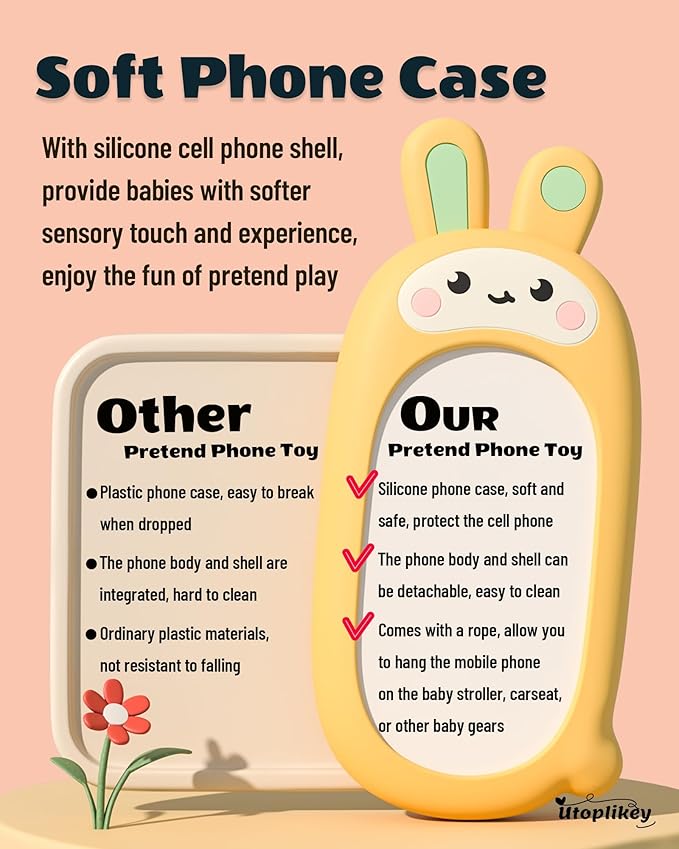 Baby Cell Phone Toy with Teething Silicon Mobile Phone Shell, Sensory Comfort Toys with 12 Learning Modes & Soothing Lullabies, Gift for Toddler Infants Baby Shower Birthday (Yellow Bunny)