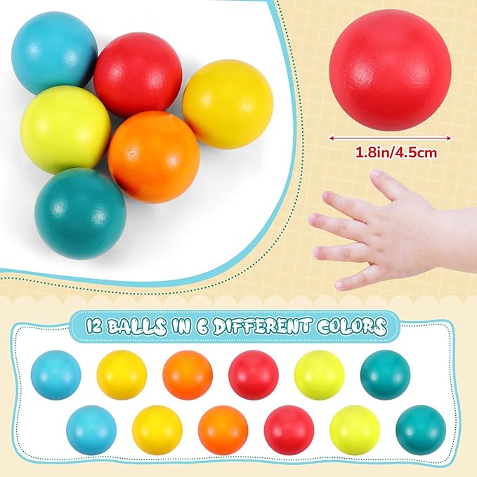 Bucherry 12 Pcs Montessori Wooden Balls 1.8 Inch Wooden Replacement Ball Educational Counting Toys Preschool Learning Material and Stacker Matching(Fresh Color)