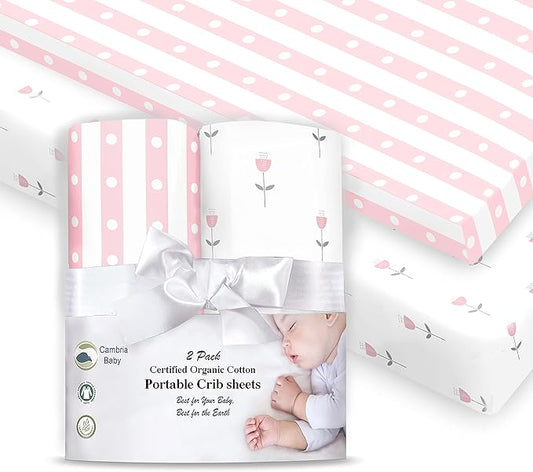 100% Organic Cotton Fitted Sheets Fit and are Compatible with Graco Pack n Play, Babyletto, Pamo Babe, Hiccapop, Dream on Me, Evenflo, Baby Trend Portable/Mini Crib/Playards. 2 Pk