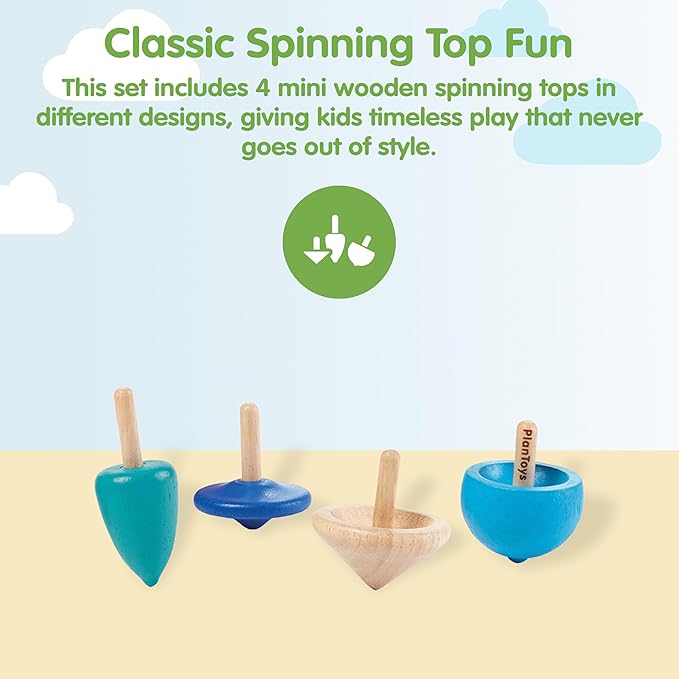 PlanToys® Mini Wooden Spinning Tops Set | 4 Colorful Eco-Friendly Montessori Toys for Toddlers | Travel Toys for Kids | Sensory Fidget Toys for Focus & Coordination