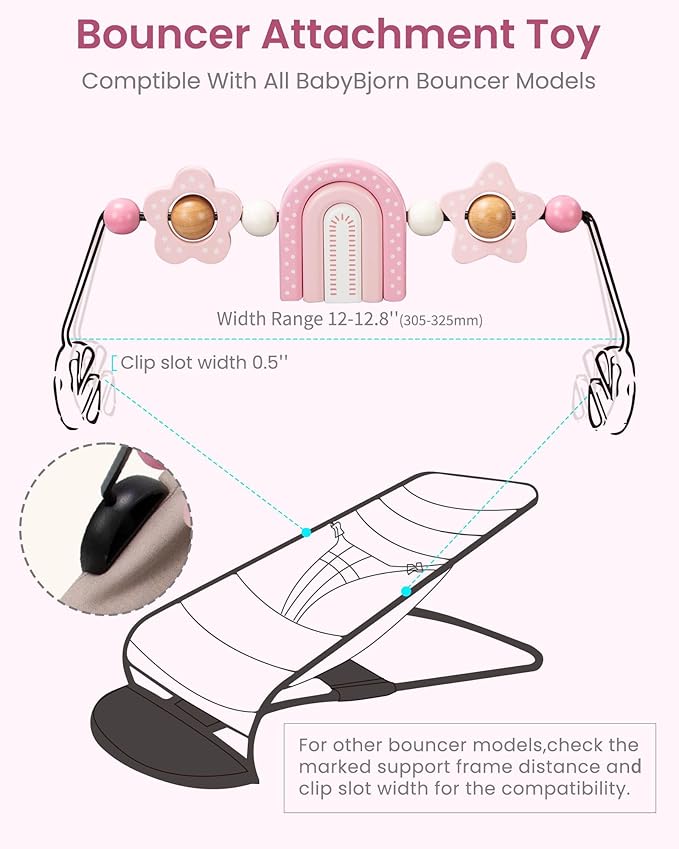 TinlyFinly Baby Bouncer Toy Bar Wooden Compatible with Baby Bjorn Bouncers, Bouncer Toy Attachment, Tight and Secure Fit, So Fun to Watch, Touch and Spin for Babies All Ages (Pink Rainbow)