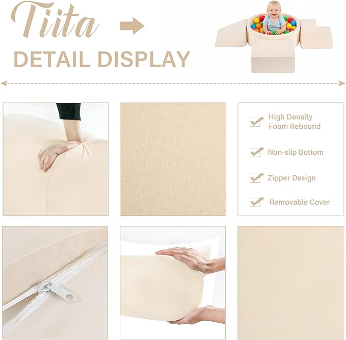 Tiita Climbing Toys with Ball Pit for Toddlers, 4-Piece Kids Foam Climbing Blocks for Baby, Activity Soft Climb and Crawl Playset Indoor Playground, Beige (Balls not Included)