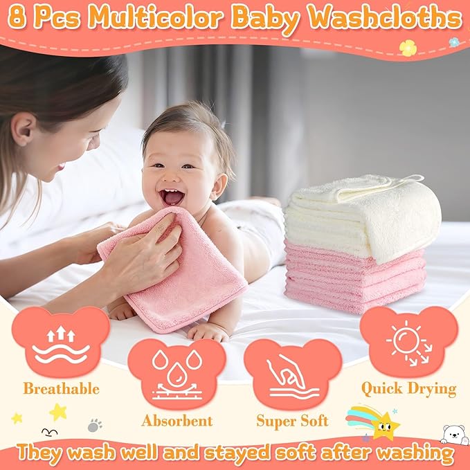 Flasoo 12 Pcs Baby Bath Towels Set for Infants Toddlers, 2 Pcs Animal Hooded Bath Towel, 2 Pcs Baby Burp Cloths & 8 Pcs Washcloths Set, Absorbent Soft Newborn Gift for Boys & Girls (Kitten & Bear)