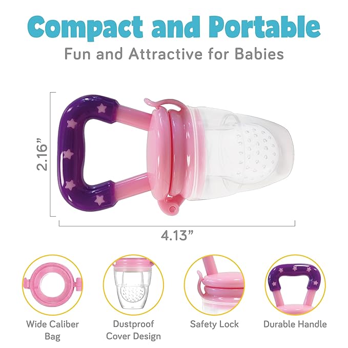Baby Fruit Feeder, Teething Pacifier for Fruits, Veggies, or Frozen Milk, Food-Grade Silicone Teethers for Babies 6-12 Months, Baby Essentials for Teething Relief - Apple Green and Lychee Pink