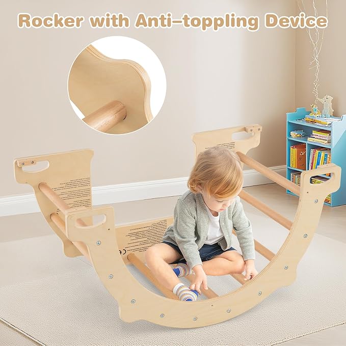 Olakids Climbing Arch for Toddlers, 4 in 1 Wooden Indoor Kids Climber Rocker Montessori Sensory Table with Foldable Storage Bin, Baby Pikler Set Gym Learning Crawling Toy for Children (Wooden)