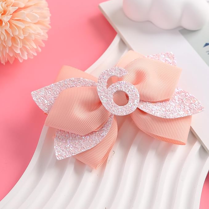 Glitter Birthday Hair Bow for Baby Girls 1 2 3 4 5 6 Years Peach Party Decoration Hair Accessories for Six 6th Birthday