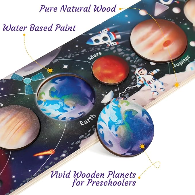 Zeoddler Solar System Toys for Kids 3-6, Wooden Space Puzzle, Planets for Kids, Preschool Learning Activities, Gift for Boys, Girls