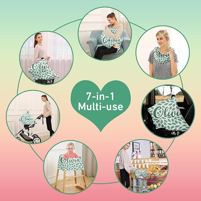 Personalised Car Seat Cover for Girls and Boys - 7 in 1 Multipurpose Breast Feeding Cover, Nursing Cover, Green Leaf Pattern Grocery Cart Cover - Birthday Gift for Babies