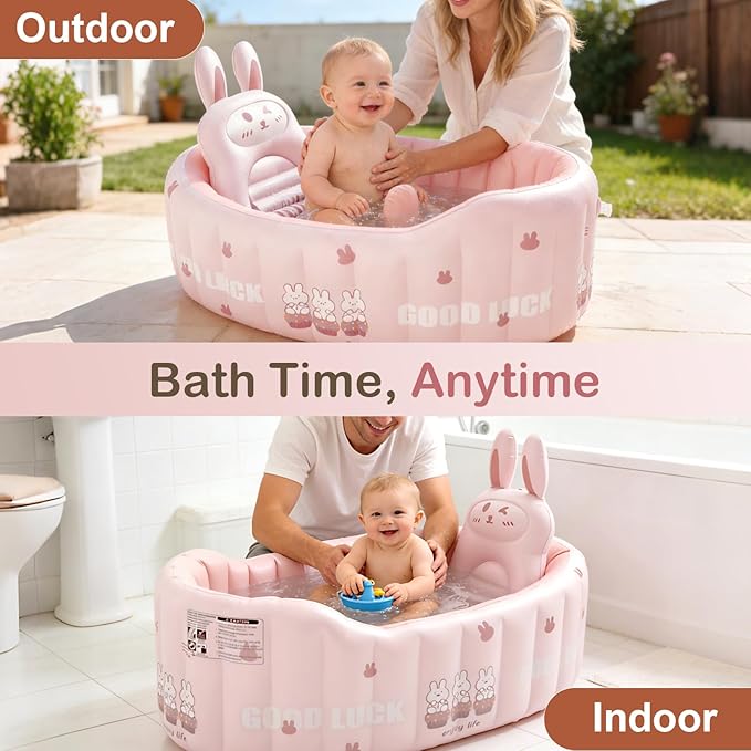 Inflatable Baby Bathtub with Seat Cushion & Air Pump, Newborn to Toddler Bath Tub, Foldable Portable Toddler Tub for Shower Sink, Non-Slip Texture, Quick-Drain, Travel-Ready, Pink