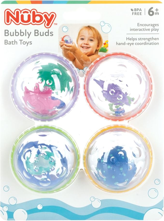 Nuby Bubbly Buds Interactive Bath Set - (4-Pack) Baby Bath Toys - 6+ Months