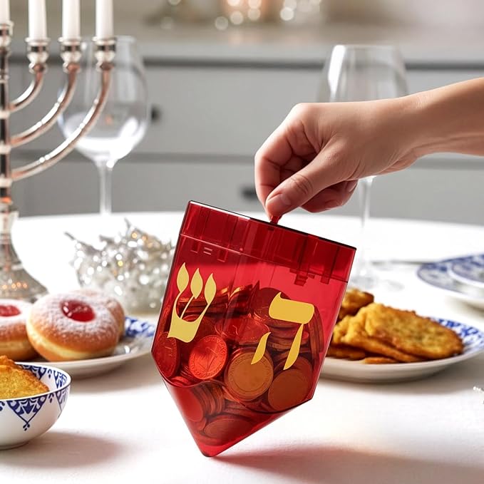 Large Fillable Dreidels for Hanukkah, Pack of 4 Plastic Dreidels Bulk, Red Large Dreidels That Bring Joy and Tradition to Every Celebration