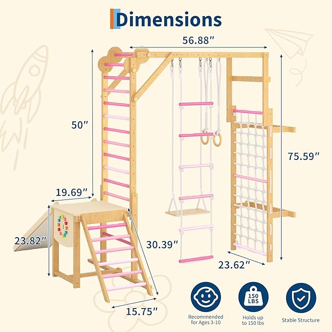 PeakPursuit 8-in-1 Indoor Jungle Gym for Kids Ages 3-10, Wooden Climbing Structure with Slide, Swing, Monkey Bars, Gymnastic Rings, Climbing Rope – Indoor Playground Toy – Natural Wood Pink