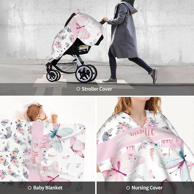 Personalized Baby Car Seat Canopy for Babies, Custom Name Car Seat Covers for Baby Girl, Floral Butterfly Opening Minky Nursing Breastfeeding Cover for Infant, Carseat Canopies for Newborn