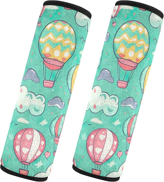 CHIFIGNO 2 Pack Car Seat Belt Covers Hot Air Balloons and Clouds Turquoise Seatbelt Pads Comfortable Car Seat Shoulder Strap Pads for Car Bag