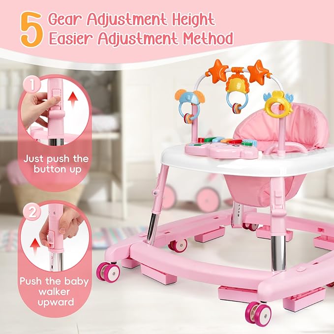 5 in 1 Baby Walker Foldable Music and Lights with 5 Adjustable Heights, Baby Walker with Wheels Portable, Infant Toddler Walker for Baby Boy Girls 6-18 Months (Pink)