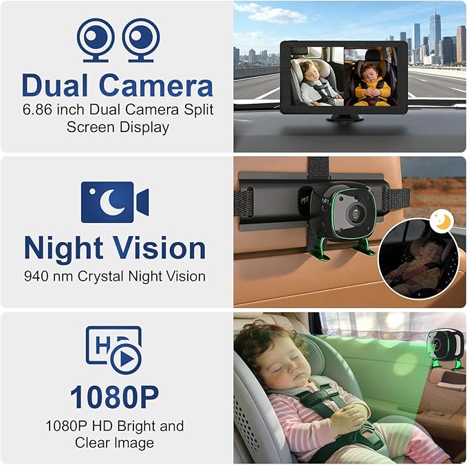 Dual Backseat Camera for 2 Kids 1080P Split-Screen Monitor Baby Camera Rear-Facing Cameras IR Night Vision 360° Rotatable Backseat Screen, Car Seat Mirror Alternative (0082 with 7in Monitor)