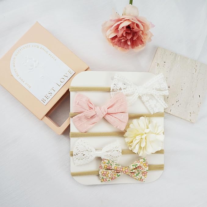 5 Packs Floral Baby Bow Headband Nylon Hairbands Stretchy Baby Hairbands Hair Accessories for Newborn Infant Toddlers Kids