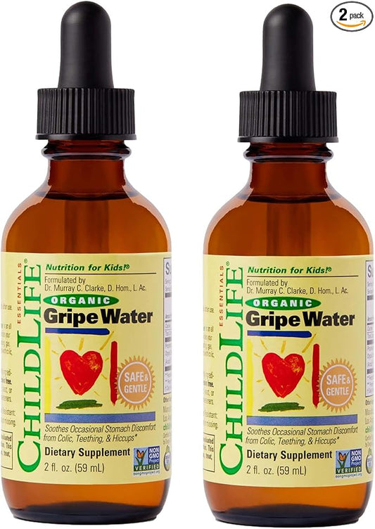 CHILDLIFE ESSENTIALS Organic Gripe Water for Babies - Gripe Water Newborn, Gas Drops for Newborns, Baby Drops for Gas & Colic Relief, Infant Gas Relief with Ginger, Fennel, Dill - 2 Fl Oz (Pack of 2)