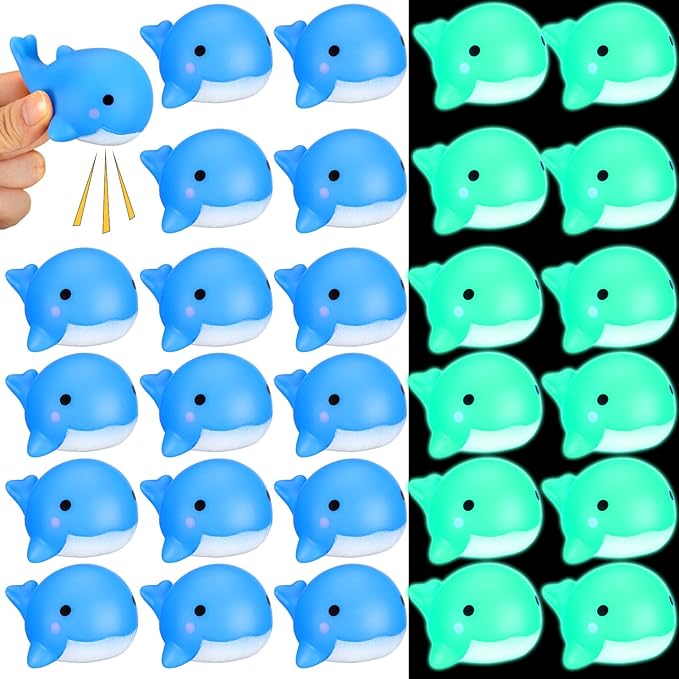 RoundFunny 30 Pcs Whale Rubber Bath Toys Glow in the Dark Mini Sea Animal Blue Squeezable Squeak Toys for Beach Pool Shower Play Floating Favors Carnival Decoration