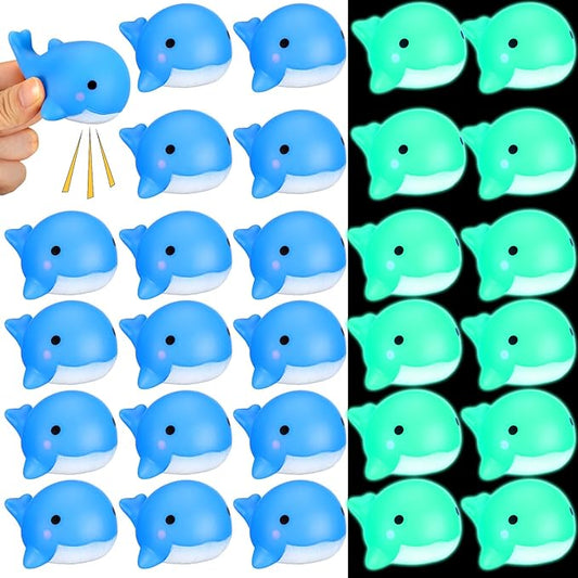 RoundFunny 30 Pcs Whale Rubber Bath Toys Glow in the Dark Mini Sea Animal Blue Squeezable Squeak Toys for Beach Pool Shower Play Floating Favors Carnival Decoration