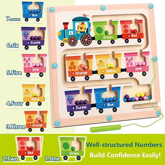 QimuMku Montessori Busy Board for Toddlers 2-4 Magnetic Color & Number Maze Wooden Fruit Train Matching Game Counting Learning Toys for Boys Girls Road Trip Essentials