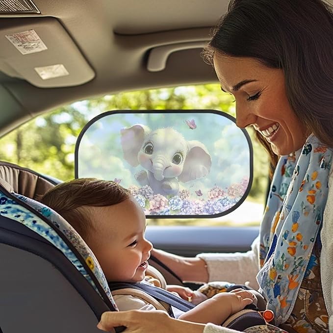 Bulopur Cute Elephant Floral Car Window Shade for Baby in Car 2 PCS UV Protection Breathable Side Window Screens Auto Interior Automotive Universal Fit Mesh Side Windshield Shades