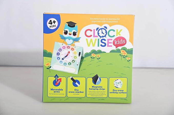 Kids Teaching Clock with Moveable Arms, Dry Erase Surface, Magnetic Hanging Strips, Educational Learning Tool for Time-Telling Skills. Perfect for Classrooms and Homes