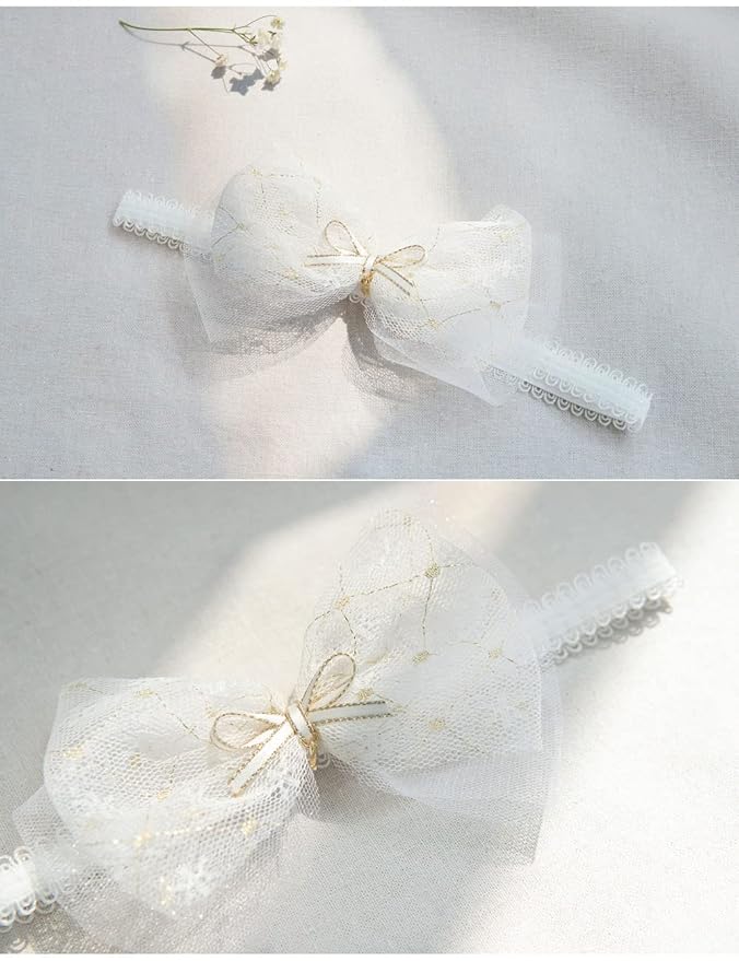 Baby Girls Lace Bow Headband Cute Chiffon Bow-Knot Toddler Hairband Elastic Soft Lace Infants Birthday Party Hair Accessories (White-3, One size)