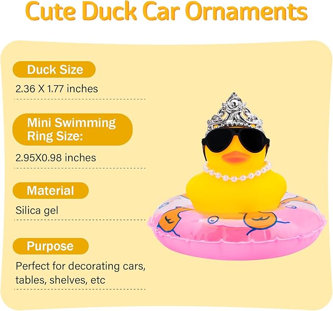 wonuu Car Duck Rubber Duck Car Ornaments Duck Car Dashboard Decorations with Cute Headband Swim Ring Necklace Sunglasses, C-Female Crown&Pearl Chain&Pink