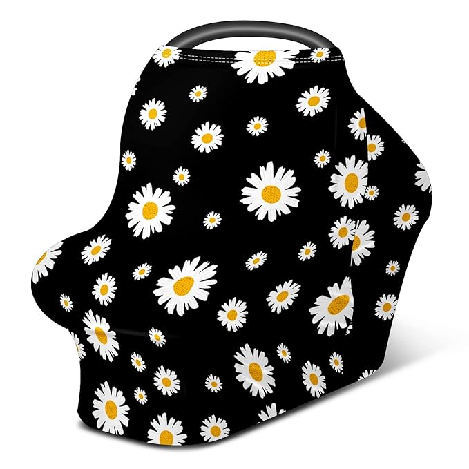 Baby Car Seat Stroller Covers White Yellow Daisy Flower Nursing Cover Breastfeeding Scarf Soft Breathable Stretchy Coverage Carseat Canopy Cover for Boys and Girls Soft Breathable Multi Use