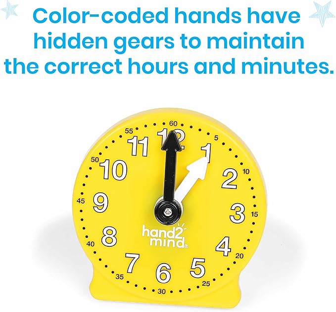 hand2mind Rainbow Geared Mini Learning Clock Set of 6, Analog Teaching Clocks for Kids, Movable Hands, Telling Time Math Manipulatives, Classroom School Homeschool Teaching Toy, Color Coded Gears
