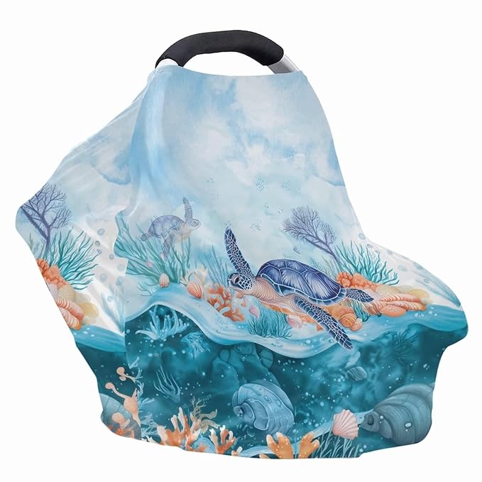 AFPANQZ Sea Turtle Stretchy Baby Car Seat Covers for Boys Girls Baby Car Canopy Warm Breathable Windproof Open Peep Top Universal Fit Lightweight Travel Outdoors Use