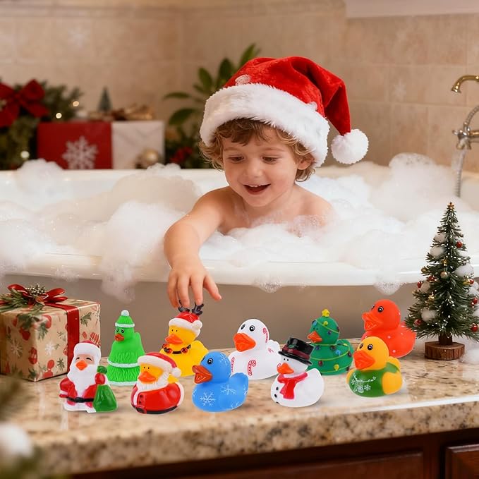 18pcs Christmas Mini Rubber Ducks Toys, Bath Duck Bulk Float Duck Baby Showers Accessories, Bath Toys for Kids Christmas Birthday Party Favors Gift Classroom Summer Beach Pool Party Games