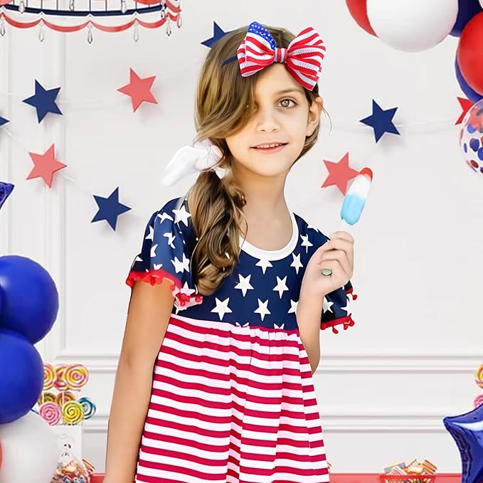 4th of July Baby Headband Set - Patriotic Hair Bows and Nylon Headband for Newborns and Toddler Girls - 4Pcs Red American Flag Design